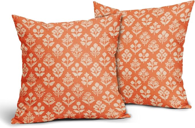 Orange Floral Pillow Covers 22x22 Inch Set of 2, Vintage Flower Block Print - Image 2