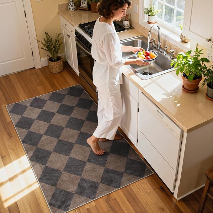 Beeiva Checkered Print Entry Rug 3x5, Non Slip Washable Kitchen Rug 3x5 Stain - Image 3