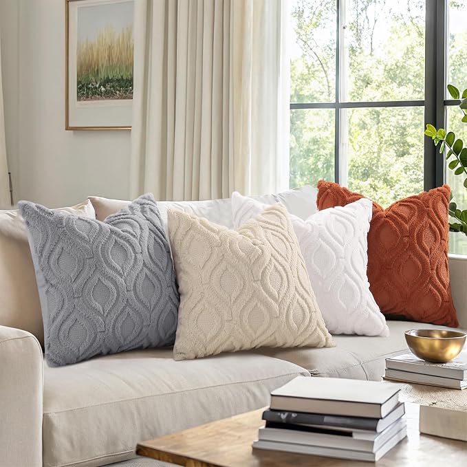 decorUhome Throw Pillow Covers 24x24 Inch Set of 2, Soft Plush Faux Wool Cream - Image 8