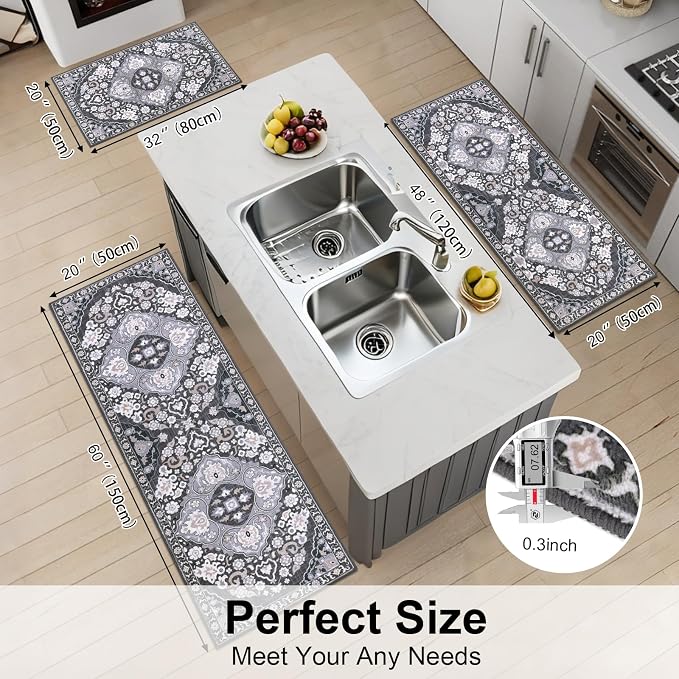 HEBE Farmhouse Kitchen Rugs Sets of 3 Non Slip Washable Boho Kitchen Rugs and - Image 2