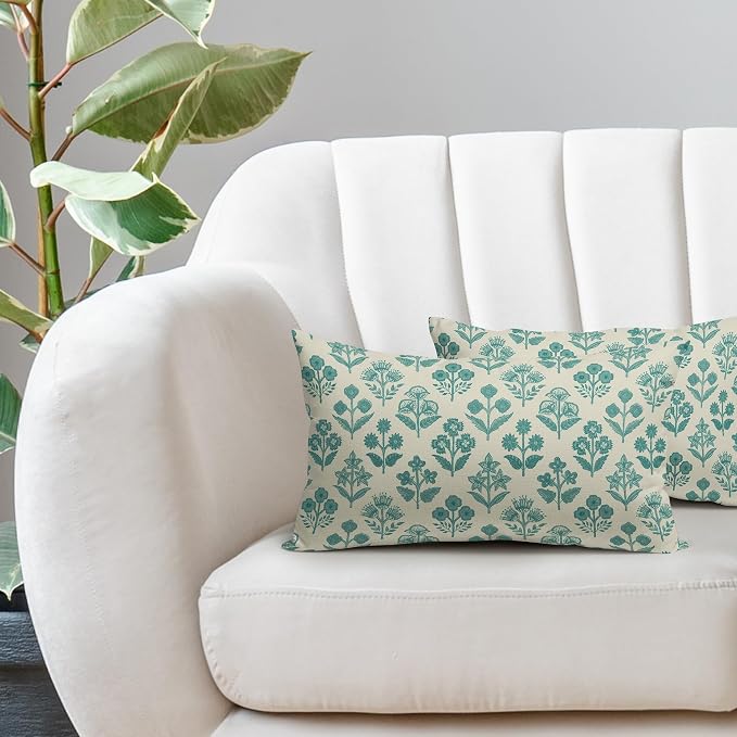 Teal Floral Pillow Covers 12x20 Inch Set of 2, Block Print Lumbar Flower Cream - Image 5