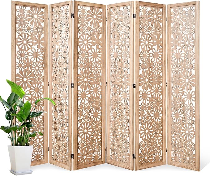 Folding Wood Room Divider Panel, 67 Inch Tall Daisy-Carved Privacy Screen by Svimi