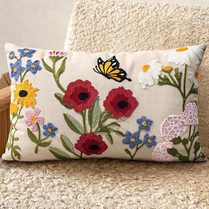 Embroidered Lumbar Pillow Cover 20x12 Inch by Kokaaee