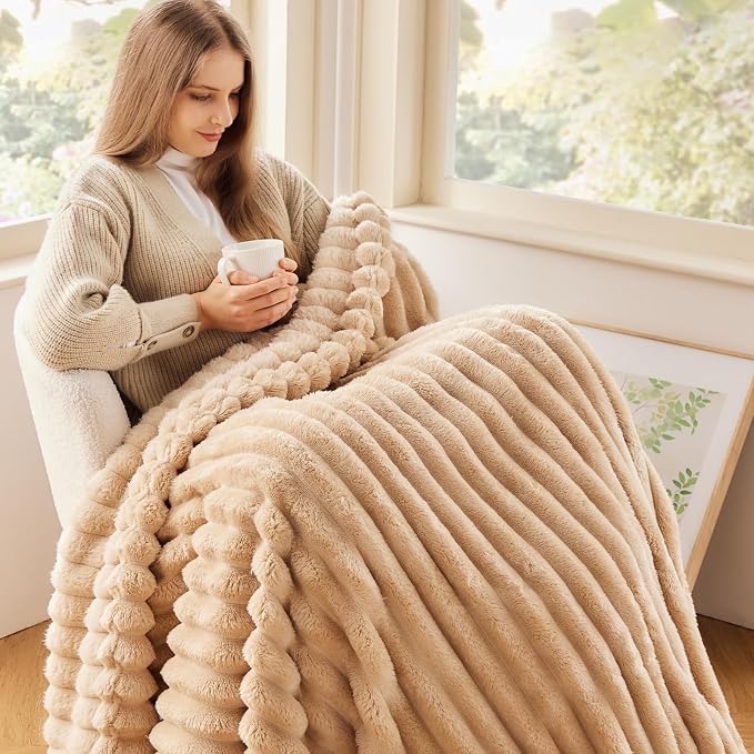 NEWCOSPLAY Super Soft Twin Blanket Brown Premium Silky Flannel Fleece 3D Ribbed - Image 2