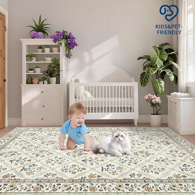 Large Entryway Rug 3x5 Floral Washable Area Rugs Vintage Soft Non-Slip Small - Image 7