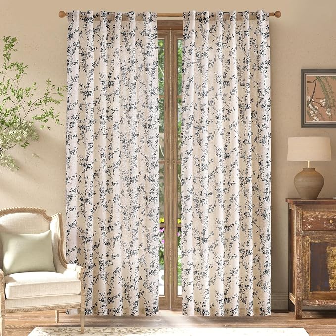 jinchan Linen Floral Curtains for Living Room 84 Inch Length Black Printed - Image 2
