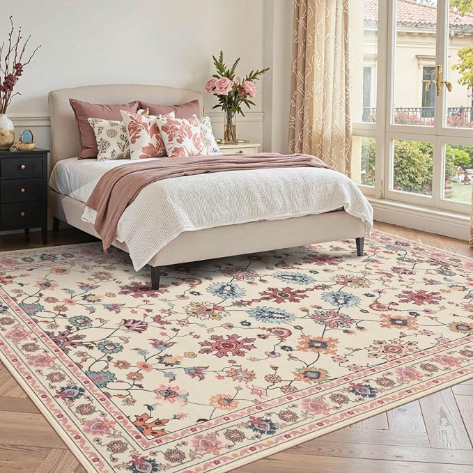 Rugxara Pink Rug for Living Room Bedroom, Floral 5x7 Washable Rug, Vintage Boho - Image 3