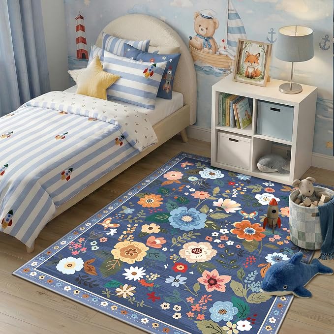 RELEANY Floral Nursery 5x8 Area Rugs Washable Print Boho Cute Carpet Non Slip - Image 2
