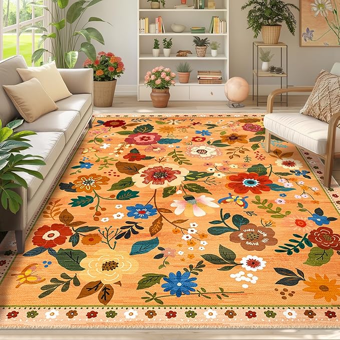 RELEANY Floral Nursery 6x9 Area Rugs Washable Print Boho Cute Carpet Non Slip by RELEANY