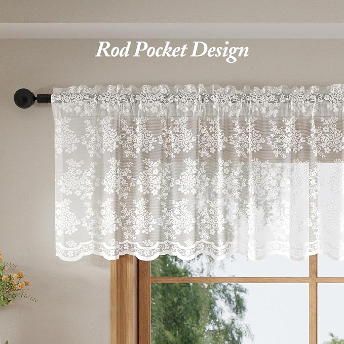 Rinwoc White Lace Semi-Sheer Valance Cafe Curtains – Vintage Floral Lace Tiers - Image 5