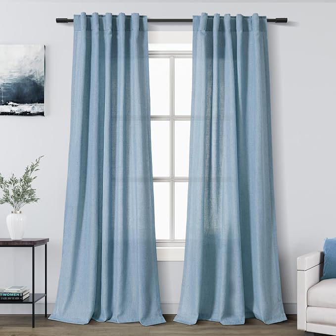 Nanspring Blue Boho Curtains for Bedroom Back Tab Rod Pocket Semi Sheer Linen by Nanspring