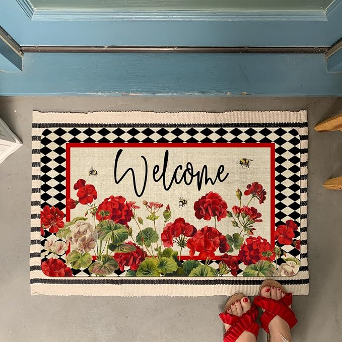 Spring Summer Door Mat, Geranium Bee Red Floral Buffalo Plaid Indoor Outdoor - Image 2