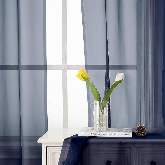 Lecloud Navy Blue Sheer Curtains 63 Inch Long 2 Panels, Elegant Voile Drapes - Image 8