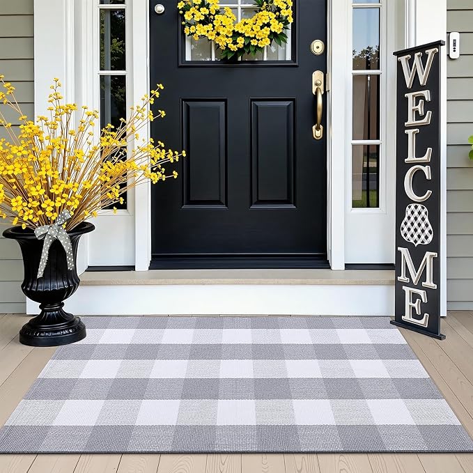 OLANLY Buffalo Plaid Rug 2'4" x 3'7" – Grey and White Cotton Checkered Doormat by OLANLY