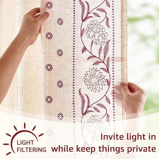 jinchan Red Floral Linen Curtains - Image 5