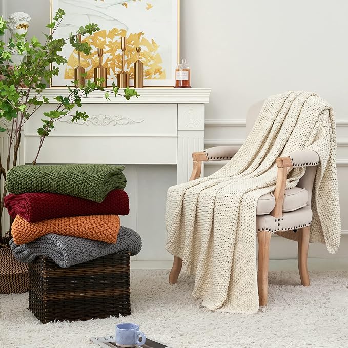 Chunky Cable Knit Throw Blanket Lightweight Burnt Orange 100% Organic Cotton - Image 6