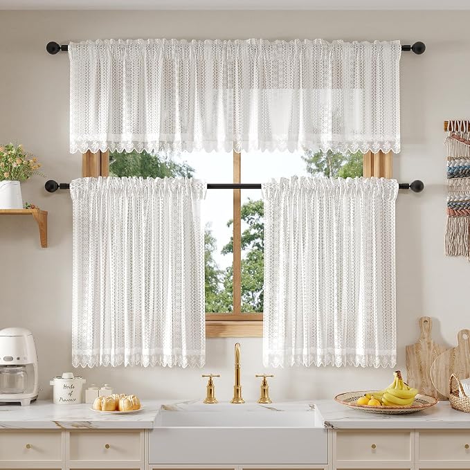 Rinwoc White Lace Semi-Sheer Valance Cafe Curtains 2 Panels – Vintage Boho - Image 2