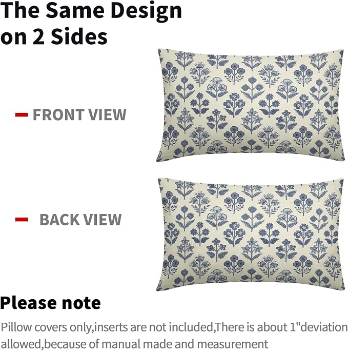 Dark Blue Floral Pillow Covers 12x20 Inch Set of 2, Block Print Lumbar Flower - Image 4