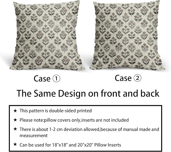 Black Dark Brown Floral Pillow Covers 22x22 Inch Set of 2, Vintage Flower Block - Image 6