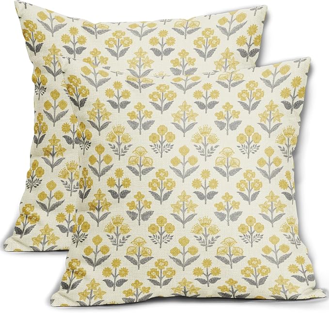 Yellow Grey Gray Floral Block Print Pillow Covers 20x20 Inch Set of 2, Vintage by Sivirary