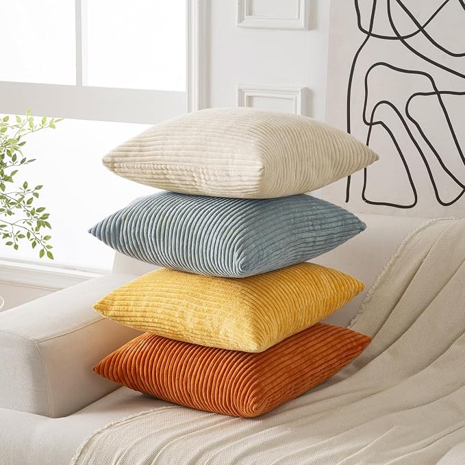 Volcanics Set of 4 Orange Teal Corduroy Decorative Couch Throw Pillow Covers - Image 2