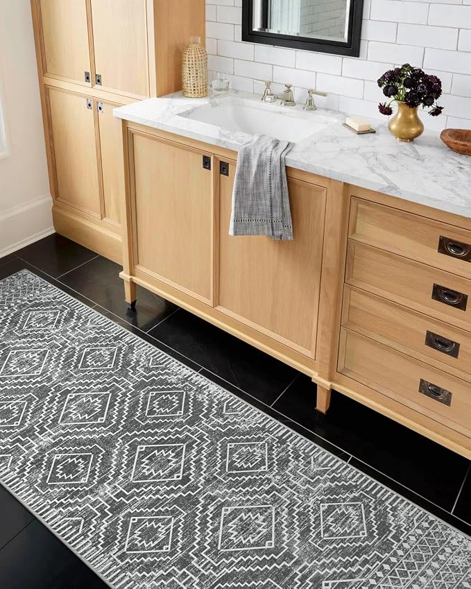 Wonnitar Moroccan Washable Kitchen Runner Rug 2'6"x8', Non-Slip Dark Grey Boho - Image 5