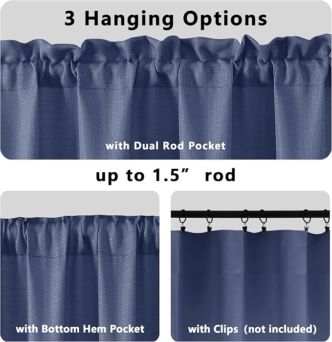Gwine Blue Valance Curtain, Light Filtering Faux Linen Textured Valance Kitchen - Image 5