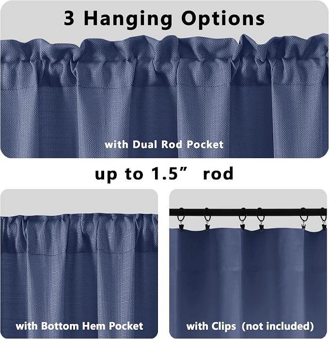 Gwine Blue Valance for Windows, Light Filtering Faux Linen Textured Kitchen - Image 5