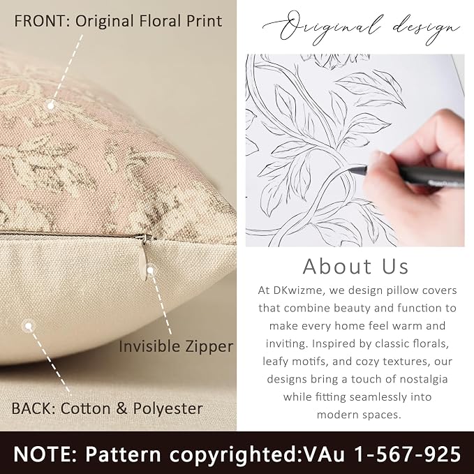 Vintage Floral Print Throw Pillow Covers 20x20 Set of 2 Neutral Modern - Image 3