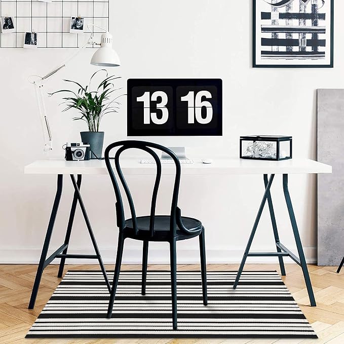 KOZYFLY Black and White Striped Doormat 2x3 Ft Small Area Rug Cotton Front - Image 7