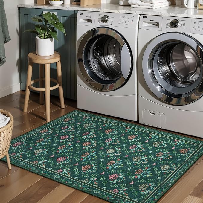 Tangsoo 2x3 Small Washable Entry Rug, Non Slip Green Floral Throw Area Rugs - Image 8
