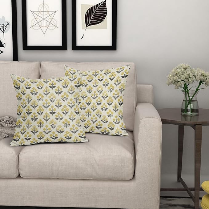 Black Yellow Floral Pillow Covers 24x24 Inch Set of 2, Vintage Flower Block - Image 7