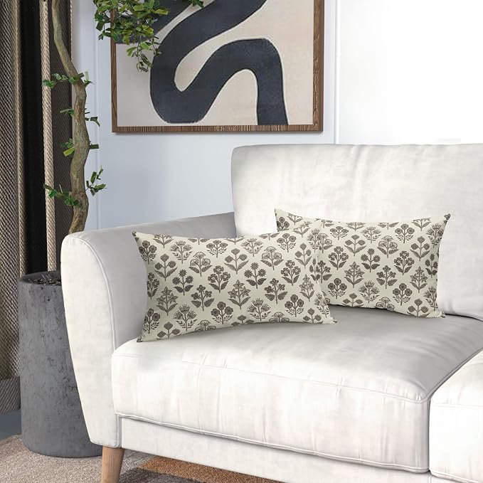 Dark Brown Floral Pillow Covers 12x20 Inch Set of 2, Block Print Lumbar Flower - Image 6