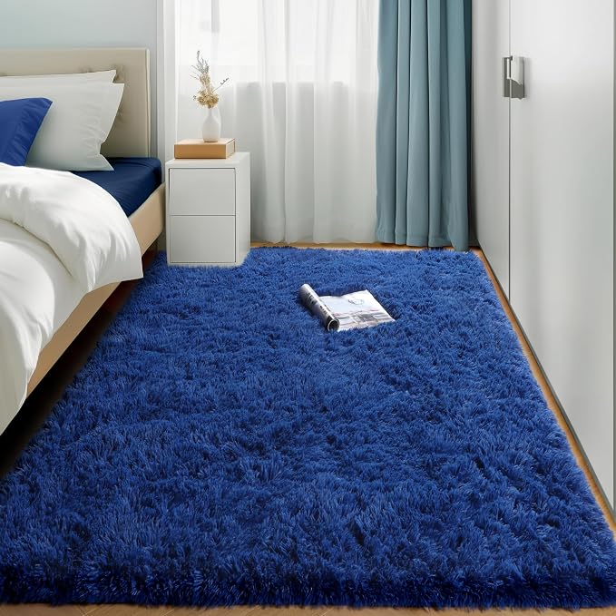 Amdrebio Navy Blue Area Rugs for Boys Bedroom, Fluffy Shag Furry Bedside Rug - Image 6
