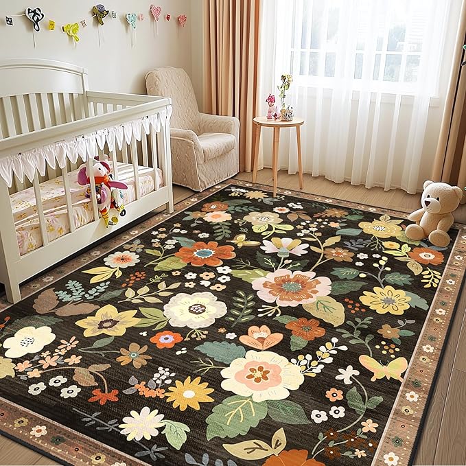 RELEANY Floral Nursery 6x9 Area Rugs Washable Print Boho Cute Carpet Non Slip - Image 2
