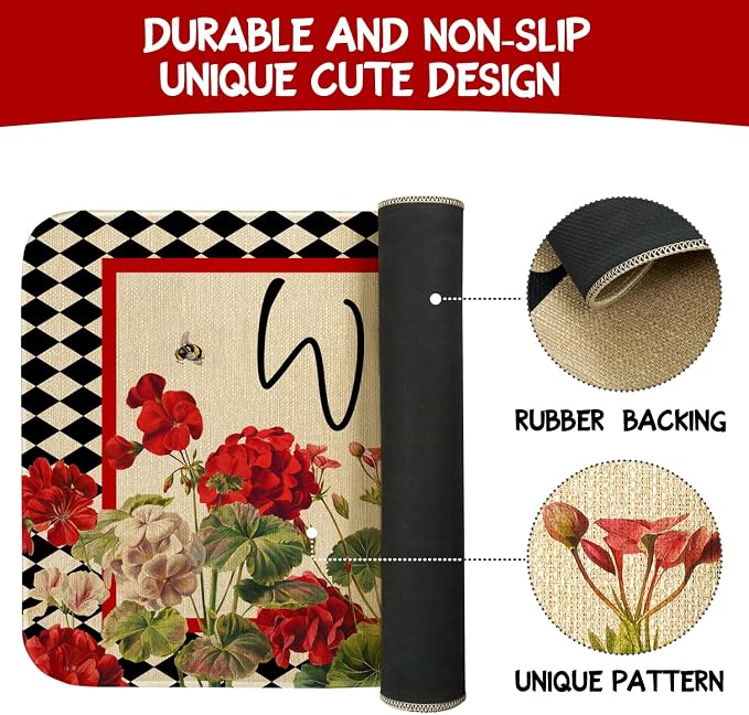 Spring Summer Door Mat, Geranium Bee Red Floral Buffalo Plaid Indoor Outdoor - Image 7