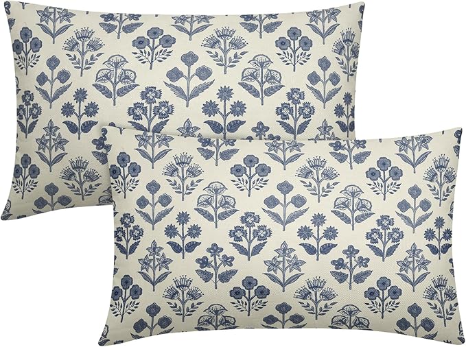 Dark Blue Floral Pillow Covers 12x20 Inch Set of 2, Block Print Lumbar Flower by Sivirary