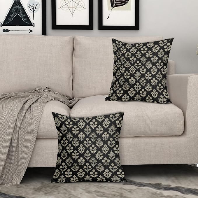 Black Floral Block Print Pillow Covers 18x18 Inch Set of 2, Vintage Flower - Image 3