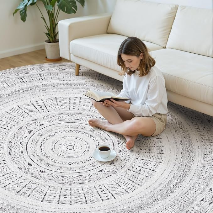 cotiled 8x8 Round Area Rug Living Room: Washable Boho Rugs - Image 5