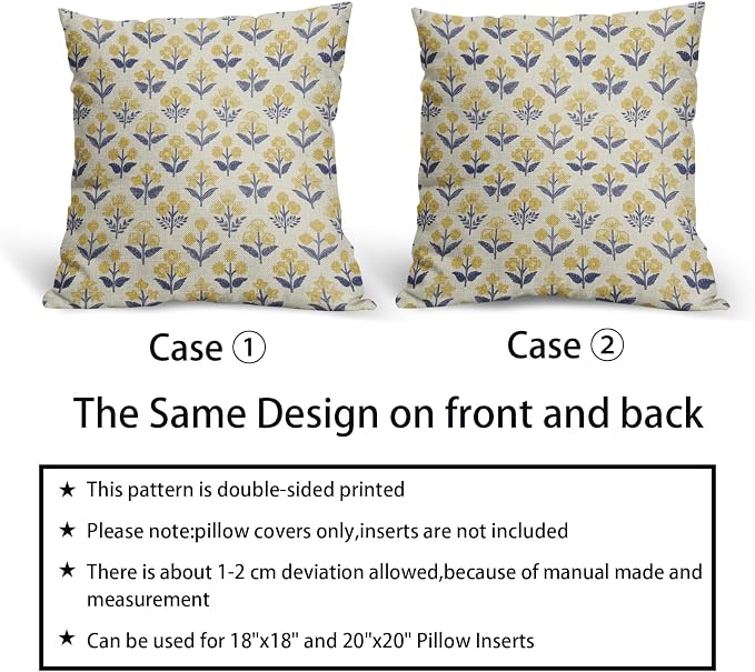 Navy Blue Yellow Floral Block Print Pillow Covers 18x18 Inch Set of 2, Vintage - Image 6