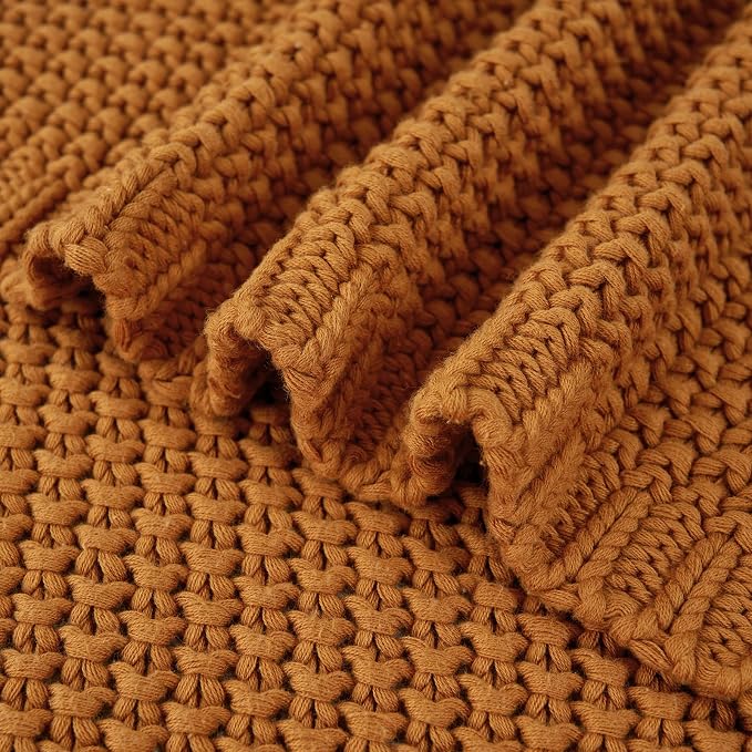 Chunky Cable Knit Throw Blanket Lightweight Burnt Orange 100% Organic Cotton - Image 9