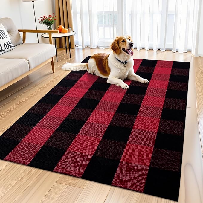 OLANLY Buffalo Plaid Rug 3' x 5' – Red and Black Cotton Checkered Doormat - Image 8