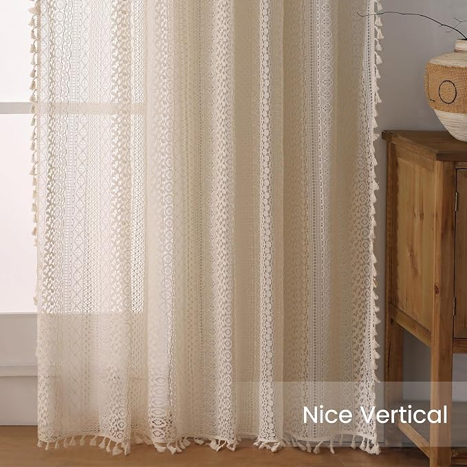 WAZZIO Boho Lace Curtains 80 Inches 2 Panel, Light Filtering Privacy Tassel & - Image 7