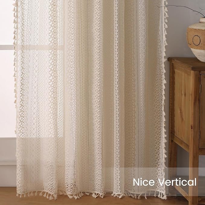 WAZZIO Boho Lace Curtains 54 Inches 2 Panel, Light Filtering Privacy Tassel & - Image 6