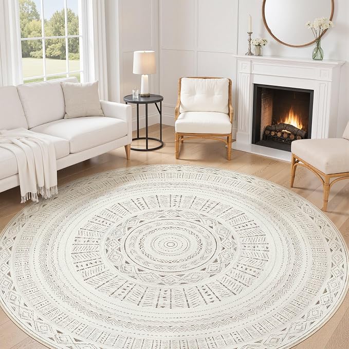 cotiled 8x8 Round Area Rug Living Room: Washable Boho Rugs by COTILED