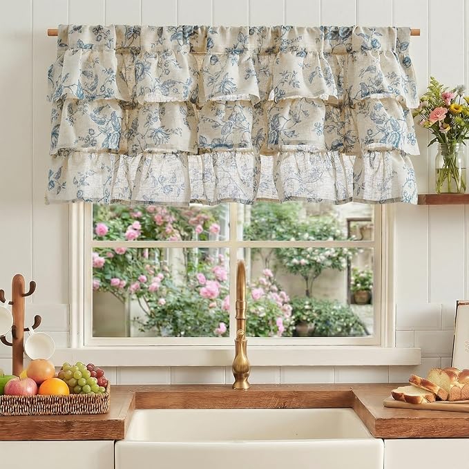 jinchan Amlie Ruffled Floral Valance Curtain Shabby Chic Linen Kitchen Valance - Image 2