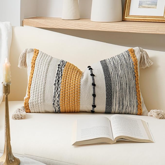 BlissBlush Decorative Lumbar Throw Pillow Cover 14x24 Boho Yellow Mustard by BlissBlush