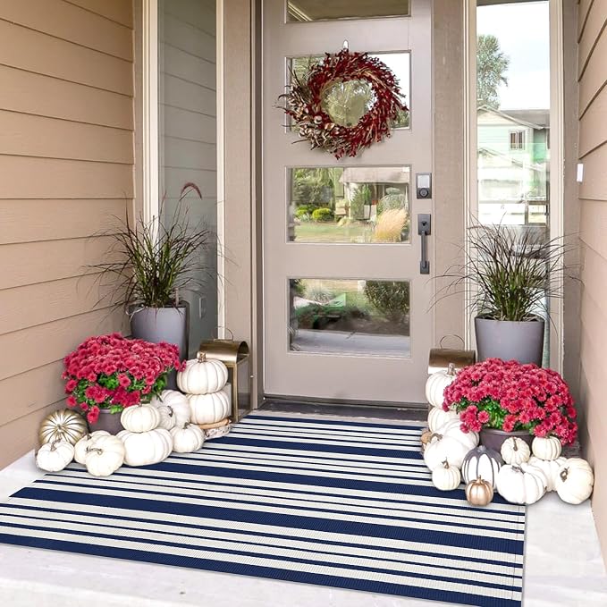 IOHOUZE Navy and White Striped Rug 3'x5' Front Door Rugs Outdoor, Washable Area by iOhouze