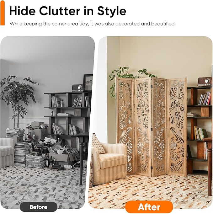 Boho Room Divider with Feather Carving, 4-Panel Openwork Wood Screen, - Image 7