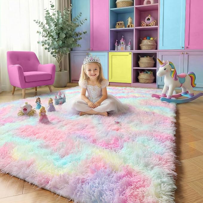Amdrebio Rainbow Fluffy Kids Rugs by Amdrebio